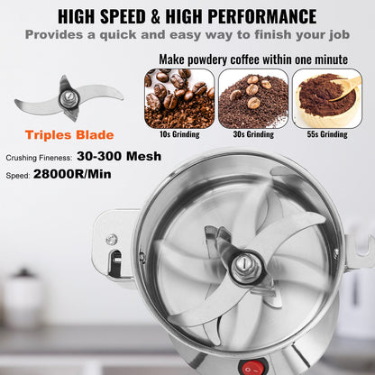 750g Electric Grain Mill Grinder, High Speed 2000W Commercial Spice Grinders, Stainless Steel Pulverizer Powder Machine, for Dry Grains Spices Cereals Coffee Corn Pepper, Straight Type