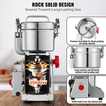 750g elektrisk spannmålskvarn, höghastighets 2000W kommersiella kryddkvarnar, pulvermaskin i rostfritt stål, för torra spannmål, kryddor, spannmål, kaffe, majs, peppar, svängtyp