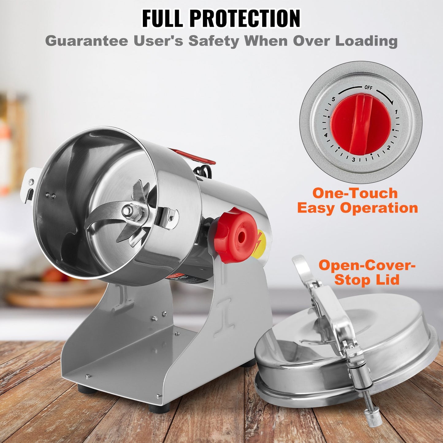 750g elektrisk spannmålskvarn, höghastighets 2000W kommersiella kryddkvarnar, pulvermaskin i rostfritt stål, för torra spannmål, kryddor, spannmål, kaffe, majs, peppar, svängtyp