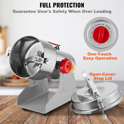 750g elektrisk spannmålskvarn, höghastighets 2000W kommersiella kryddkvarnar, pulvermaskin i rostfritt stål, för torra spannmål, kryddor, spannmål, kaffe, majs, peppar, svängtyp