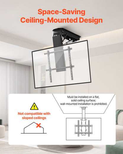 Motorized Ceiling TV Mount, TV Wall Mount for 32 to 70 Inch TV, Electric Adjustable Ceiling TV Mount, Motorized Flip Down TV Mount Bracket with Max VESA 24 x 24 in, Fits TVs Up to 110 lbs
