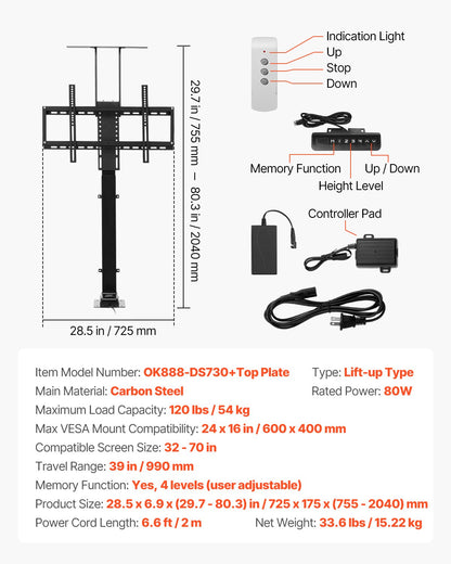 Motorized TV Lift Stand, 32-70 Inch, 120 lbs Max Load, Floor Mount, Supports Most VESA Patterns, Ideal for Offices, Living Rooms & More