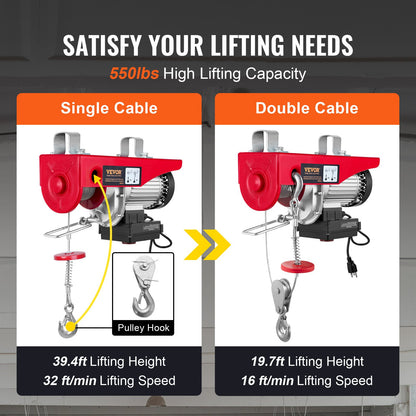 Electric Hoist, 249.5 kg Lifting Capacity, 510W 220V Electric Steel Wire Winch with Wireless Remote Control, 1219 cm Single Cable Lifting Height & Pure Copper Motor, for Garage Warehouse Factory