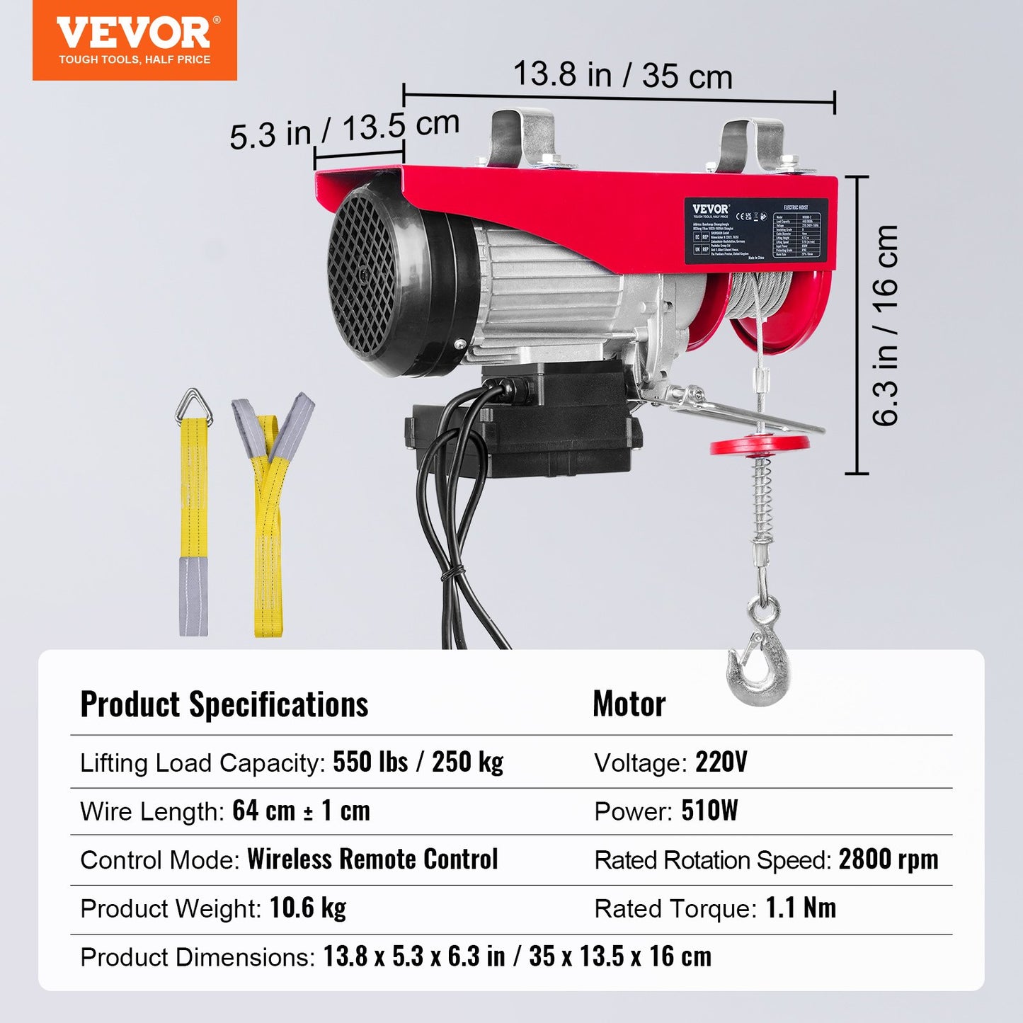 Electric Hoist, 249.5 kg Lifting Capacity, 510W 220V Electric Steel Wire Winch with Wireless Remote Control, 1219 cm Single Cable Lifting Height & Pure Copper Motor, for Garage Warehouse Factory