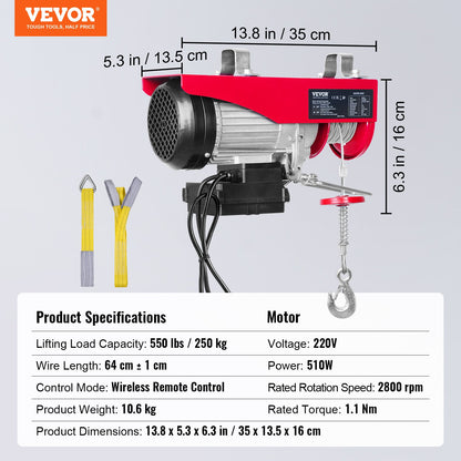 Electric Hoist, 249.5 kg Lifting Capacity, 510W 220V Electric Steel Wire Winch with Wireless Remote Control, 1219 cm Single Cable Lifting Height & Pure Copper Motor, for Garage Warehouse Factory