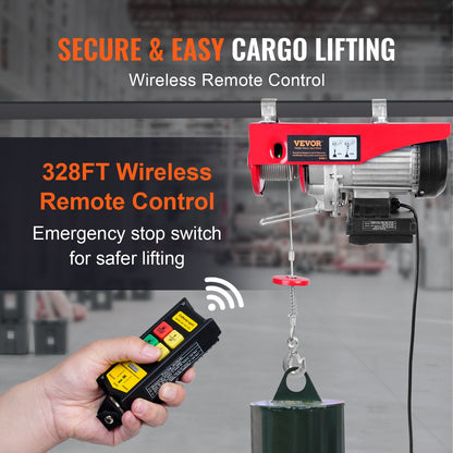 Electric Hoist, 399.2 kg Lifting Capacity, 850W 220V Electric Steel Wire Winch with Wireless Remote Control, 1219 cm Single Cable Lifting Height & Pure Copper Motor, for Garage Warehouse Factory