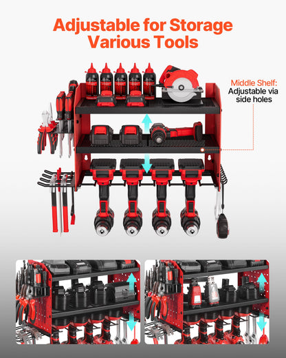 Power Tool Organizer Wall Mount, 3-Layer Storage Rack with 4 Drill Holders, Tools Holder and Storage Rack with Side Pegboards, Garage Tool Organizer for Garage, Workbench, and Workshop