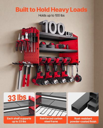 Power Tool Organizer Wall Mount, 3-Layer Storage Rack with 4 Drill Holders, Tools Holder and Storage Rack with Side Pegboards, Garage Tool Organizer for Garage, Workbench, and Workshop