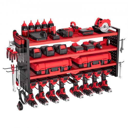 Power Tool Organizer Wall Mount, 4-Layer Storage Rack with 8 Drill Holders, Tools Holder and Storage Rack with Side Pegboards, Garage Tool Organizer for Garage, Workbench, and Workshop