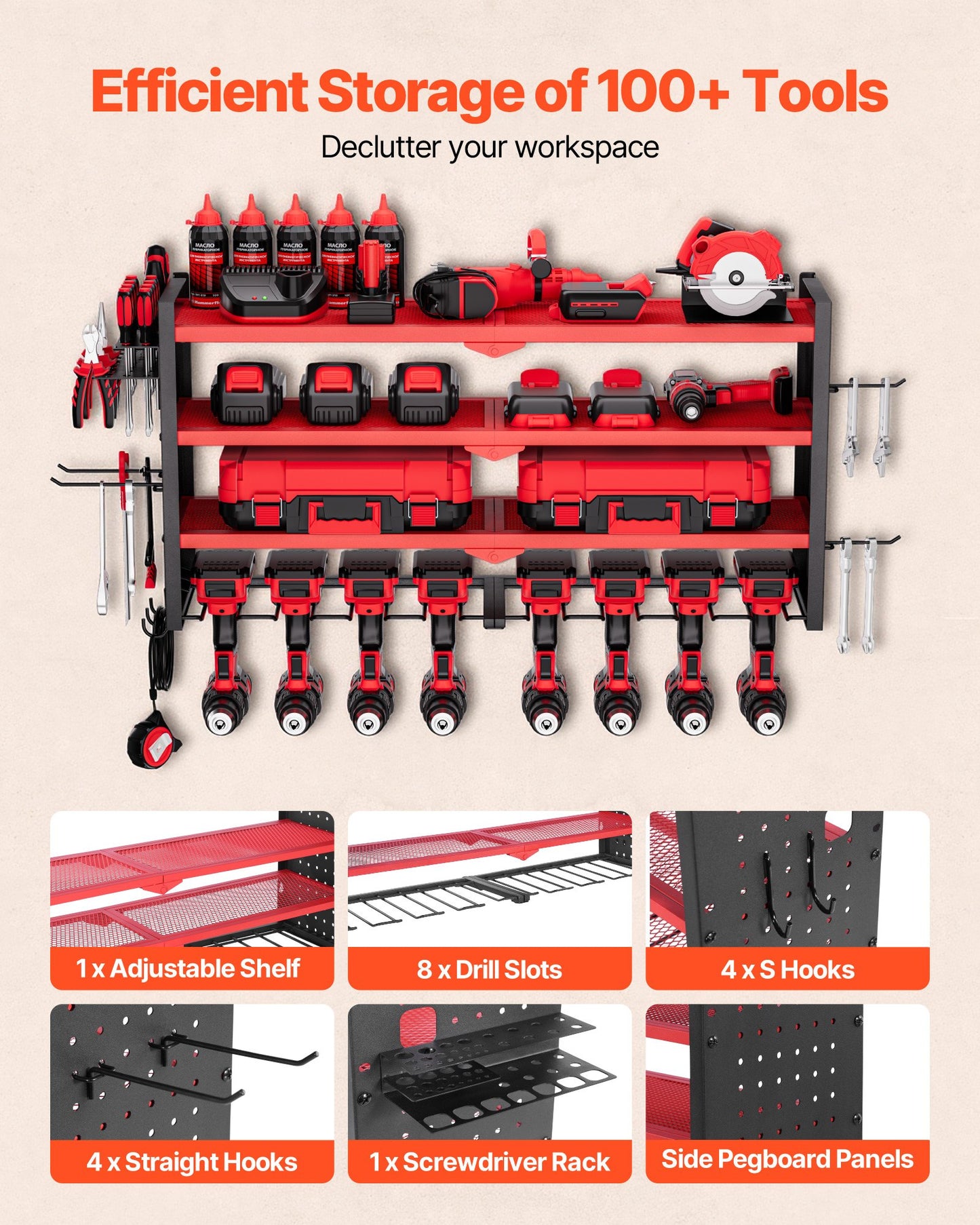Power Tool Organizer Wall Mount, 4-Layer Storage Rack with 8 Drill Holders, Tools Holder and Storage Rack with Side Pegboards, Garage Tool Organizer for Garage, Workbench, and Workshop