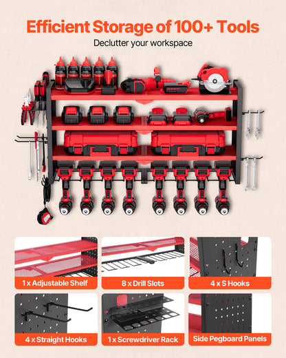 Power Tool Organizer Wall Mount, 4-Layer Storage Rack with 8 Drill Holders, Tools Holder and Storage Rack with Side Pegboards, Garage Tool Organizer for Garage, Workbench, and Workshop