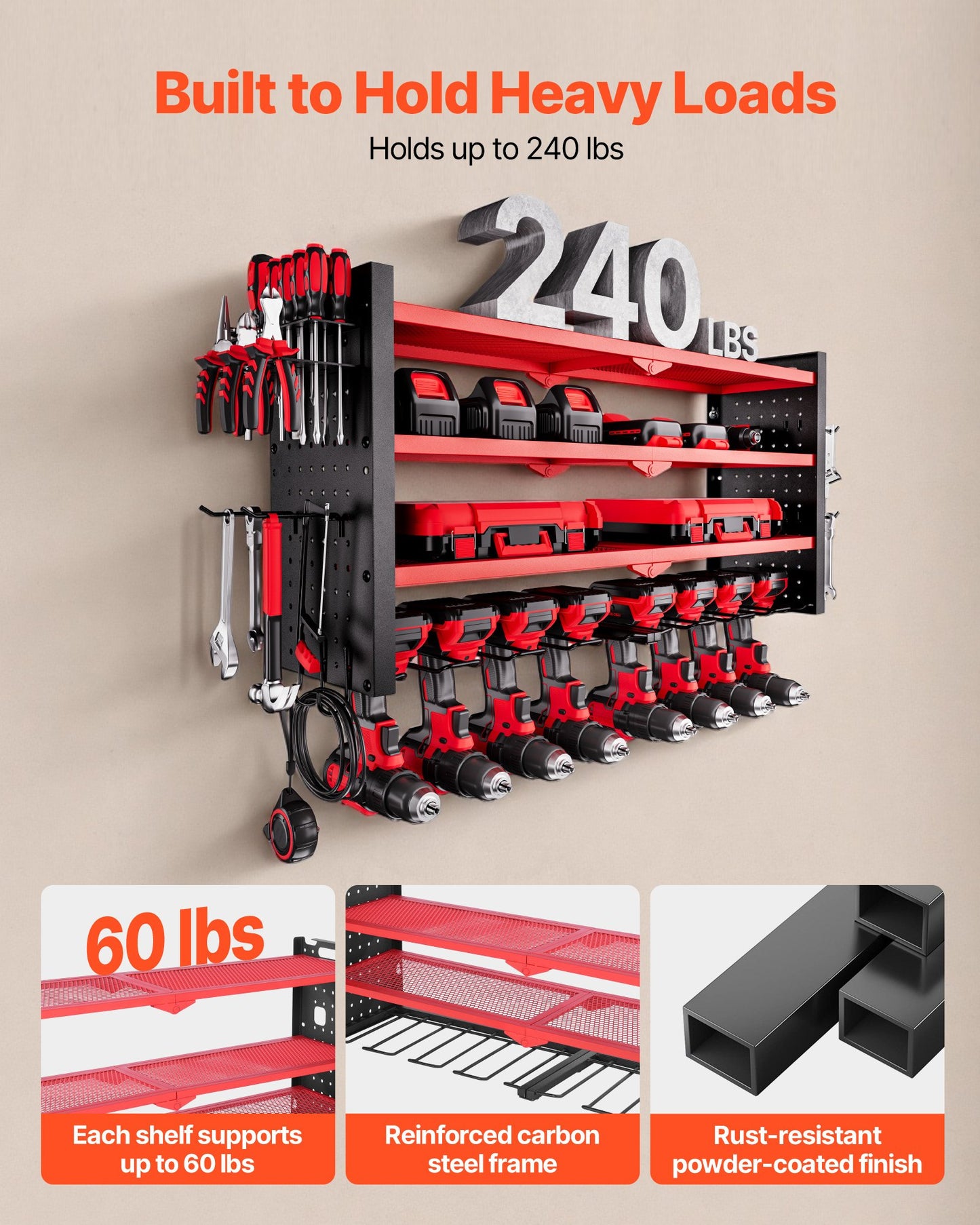 Power Tool Organizer Wall Mount, 4-Layer Storage Rack with 8 Drill Holders, Tools Holder and Storage Rack with Side Pegboards, Garage Tool Organizer for Garage, Workbench, and Workshop