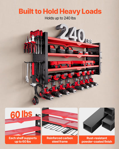 Power Tool Organizer Wall Mount, 4-Layer Storage Rack with 8 Drill Holders, Tools Holder and Storage Rack with Side Pegboards, Garage Tool Organizer for Garage, Workbench, and Workshop