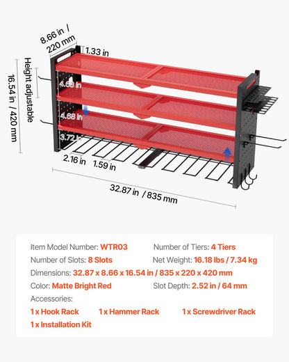 Power Tool Organizer Wall Mount, 4-Layer Storage Rack with 8 Drill Holders, Tools Holder and Storage Rack with Side Pegboards, Garage Tool Organizer for Garage, Workbench, and Workshop
