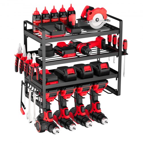 Power Tool Organizer Wall Mount, 4-Layer Storage Rack with 4 Drill Holders, Tools Holder and Storage Rack with Screwdriver Holder, Garage Tool Organizer for Garage, Workbench, and Workshop