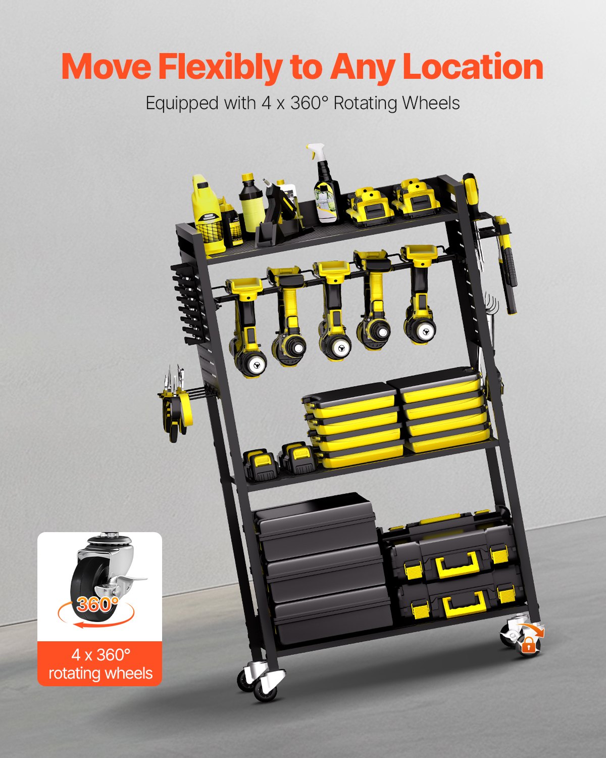 4-tier Tool Organizer Cart, 150 lbs Load Capacity, Floor Stand Rolling Drill Holder and Stability Storage Rack, Heavy Duty Garage Floor Rolling Storage Cart for Workshop, Garage, Black