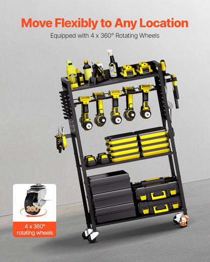 4-tier Tool Organizer Cart, 150 lbs Load Capacity, Floor Stand Rolling Drill Holder and Stability Storage Rack, Heavy Duty Garage Floor Rolling Storage Cart for Workshop, Garage, Black