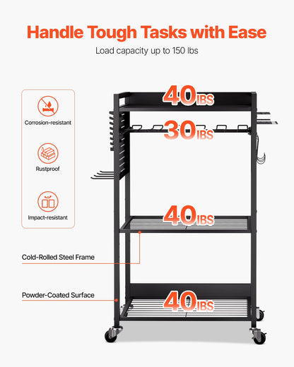 4-tier Tool Organizer Cart, 150 lbs Load Capacity, Floor Stand Rolling Drill Holder and Stability Storage Rack, Heavy Duty Garage Floor Rolling Storage Cart for Workshop, Garage, Black