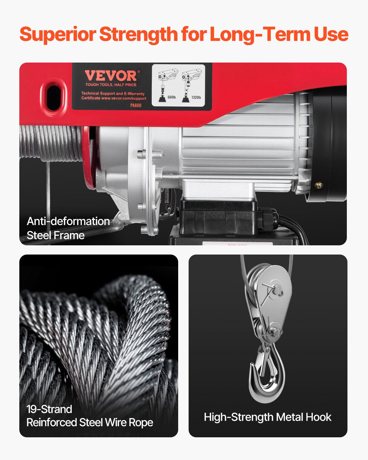 Elektrisk lyftkranvinsch 598,7 kg 9997,4 cm trådlös och 426,7 cm trådbunden fjärrkontroll