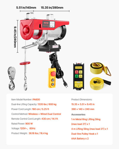 Elektrisk lyftkranvinsch 598,7 kg 9997,4 cm trådlös och 426,7 cm trådbunden fjärrkontroll
