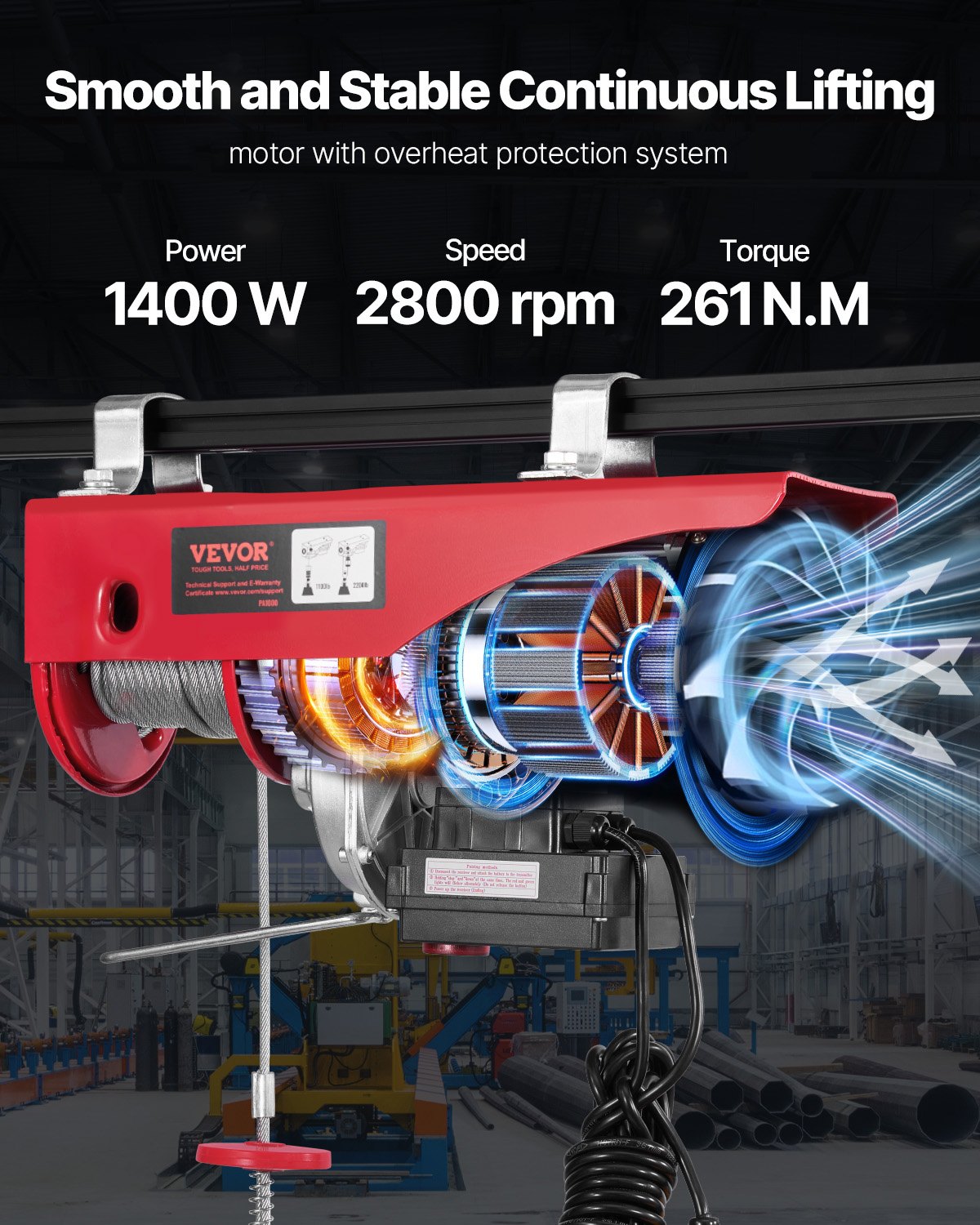 Electric Hoist Crane Winch 997.9 kg 9997.4 cm Wireless & 426.7 cm Wired Remote