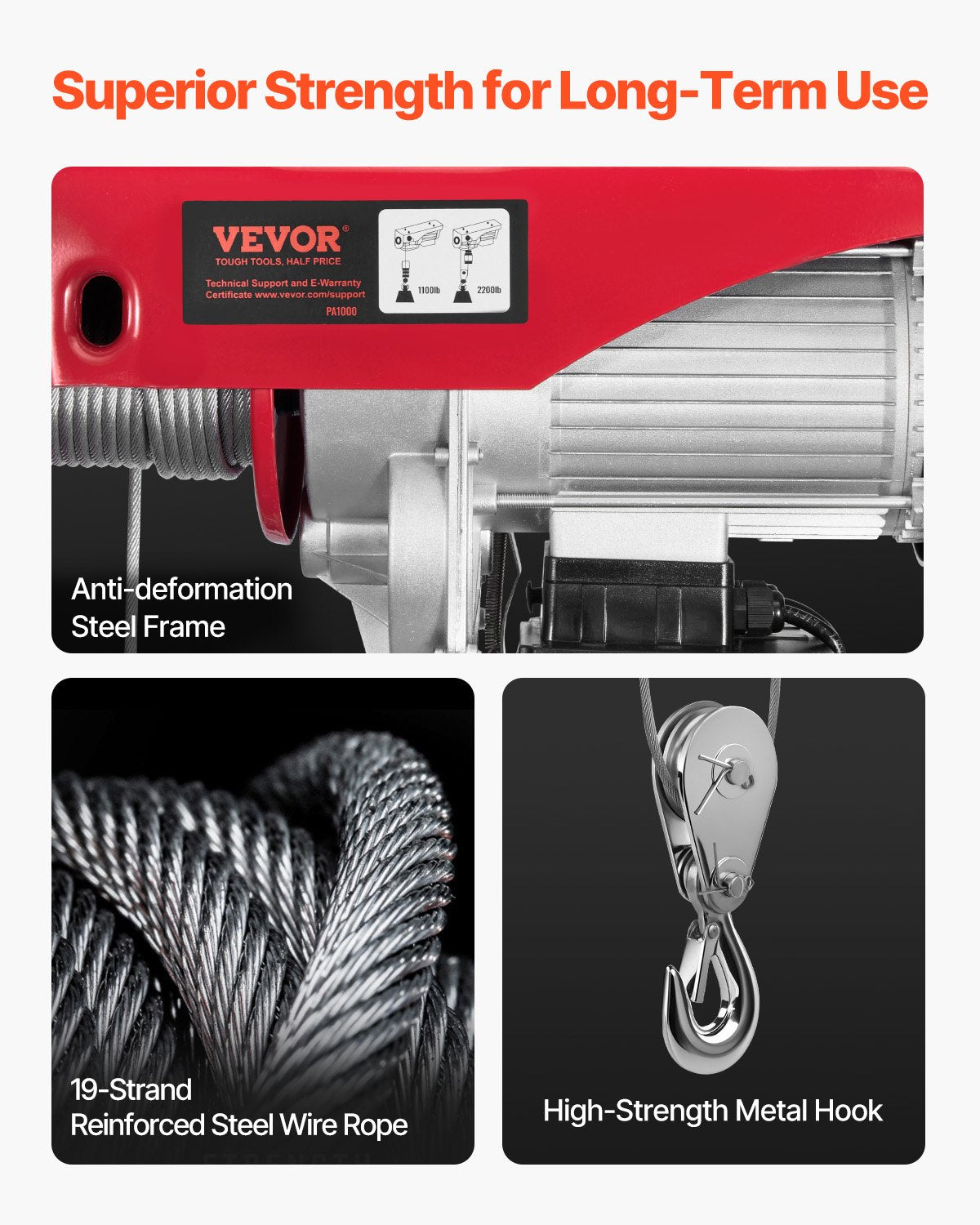 Electric Hoist Crane Winch 997.9 kg 9997.4 cm Wireless & 426.7 cm Wired Remote