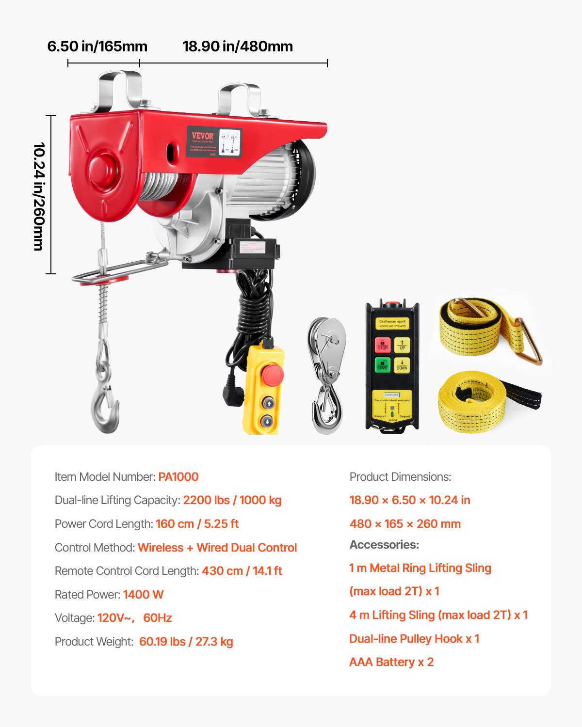 Electric Hoist Crane Winch 997.9 kg 9997.4 cm Wireless & 426.7 cm Wired Remote