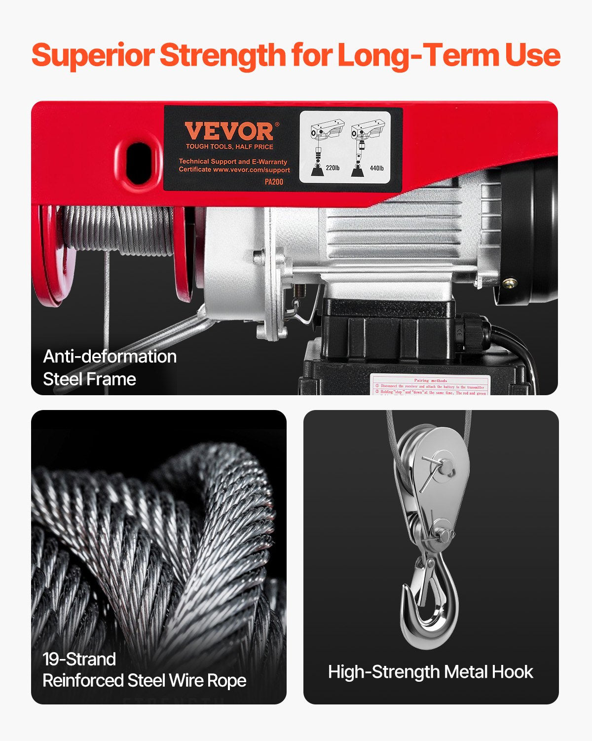 Electric Hoist Crane Winch 199.6 kg 9997.4cm Wireless & 426.7 cm Wired Remote