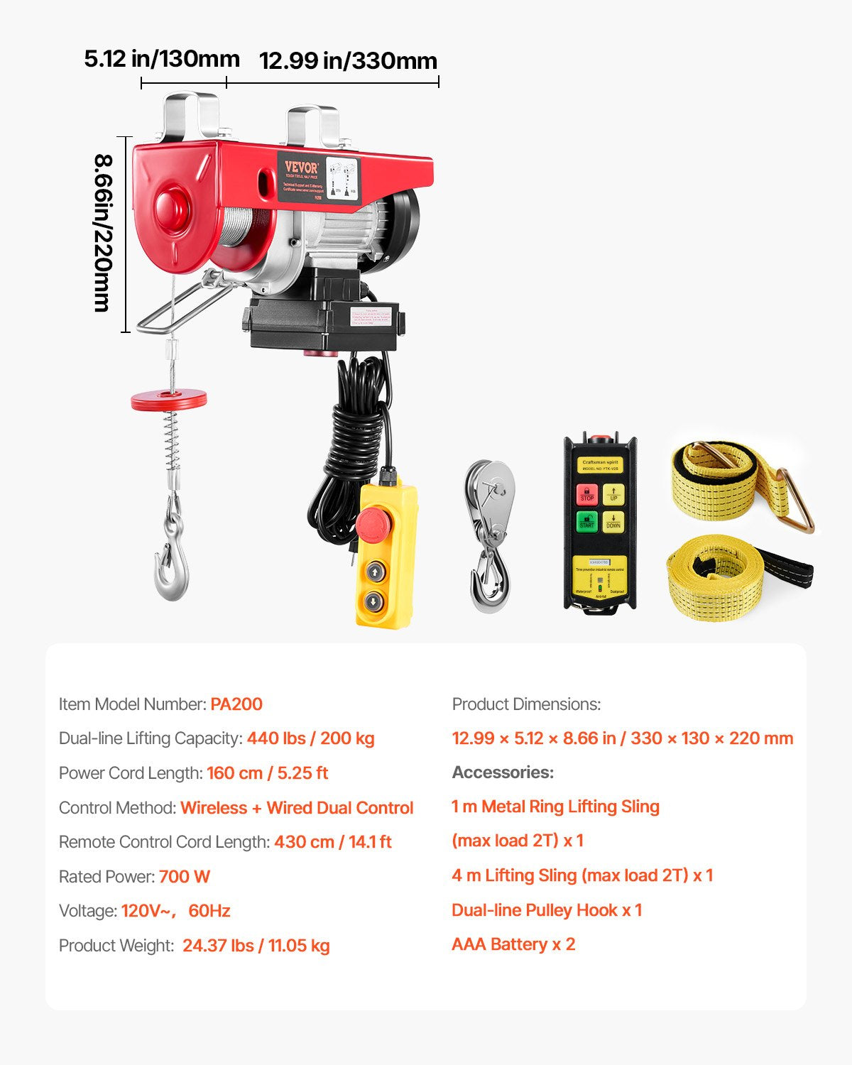 Electric Hoist Crane Winch 199.6 kg 9997.4cm Wireless & 426.7 cm Wired Remote