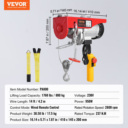 Electric Hoist Crane Winch 798.3 kg with 426.7 cm Wired Remote Control 230V