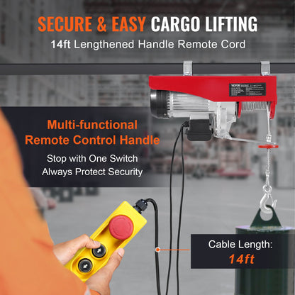 Electric Hoist Crane Winch 1197.5 kg with 426.7 cm Wired Remote Control 230V