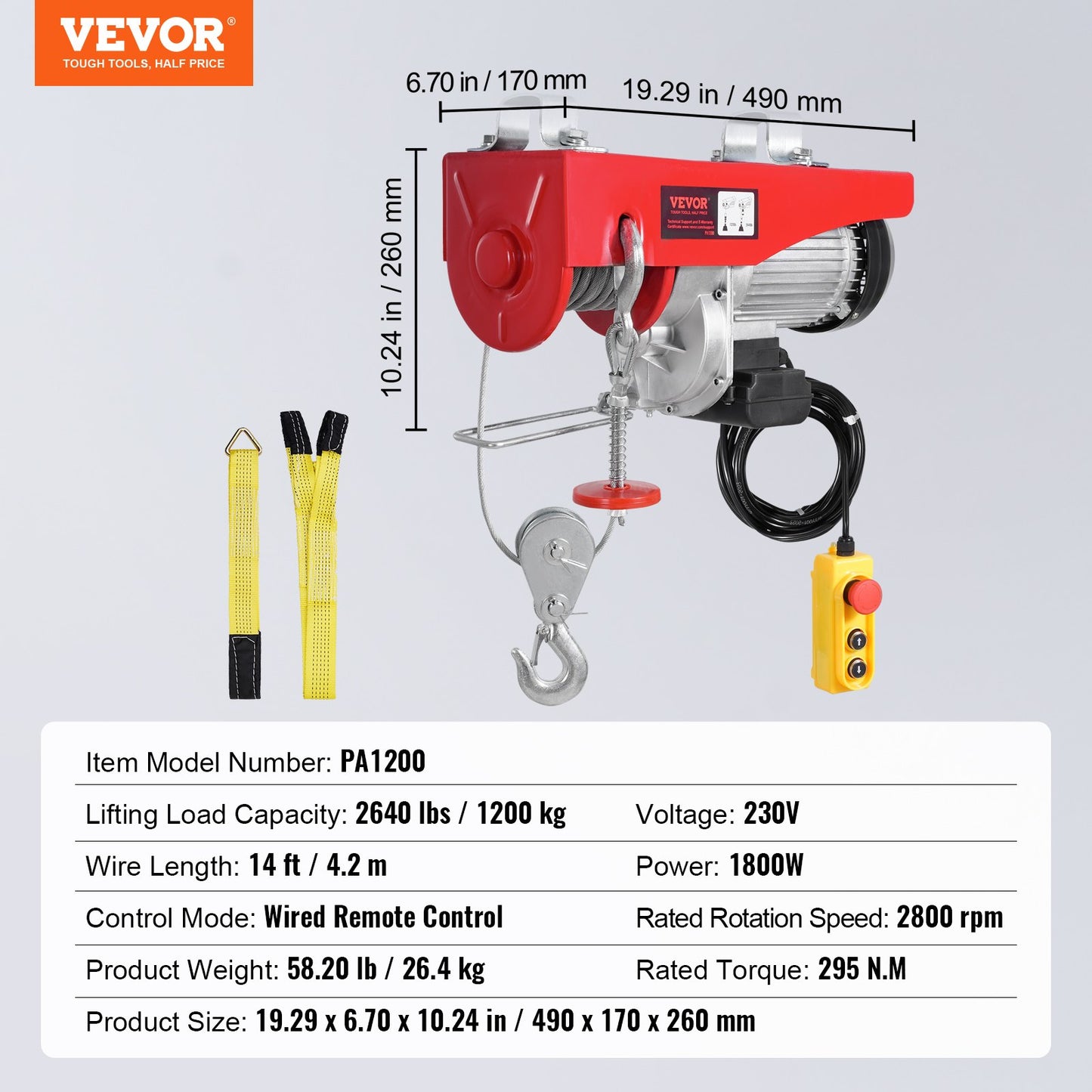 Electric Hoist Crane Winch 1197.5 kg with 426.7 cm Wired Remote Control 230V
