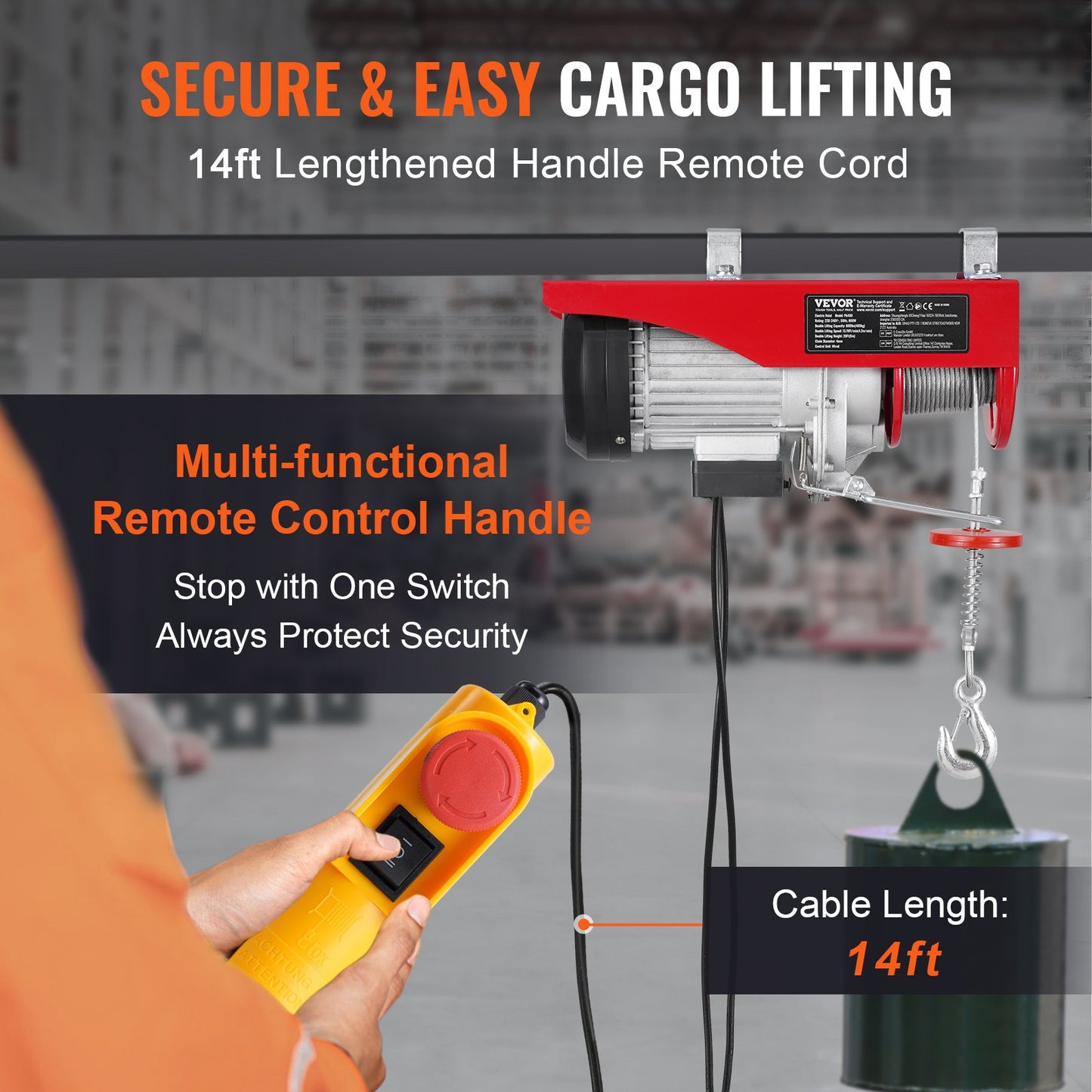 Electric Hoist, 880 lbs 230V Electric Winch with 14 ft Wired Remote Control, 40 ft Single Cable Lifting Height, Single/Double Slings, Emergency Stop, Lift Hoist for Garage Warehouse Factory