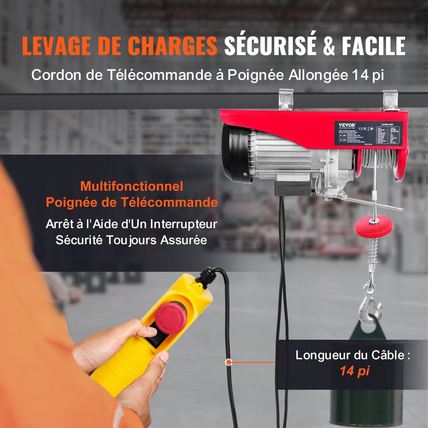 Electric Hoist, 598.7 kg Lifting Capacity, 1150W 220V Electric Steel Wire Winch with 427 cm Wired Remote Control, 1219 cm Single Cable Lifting Height & Pure Copper Motor, for Garage Warehouse Factory