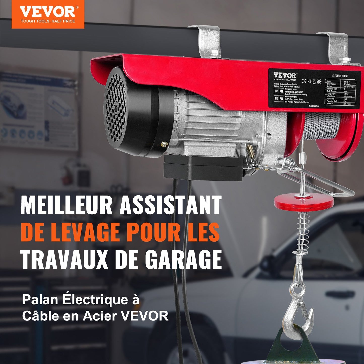 Electric Hoist, 249.5 kg Lifting Capacity, 510W 220V Electric Steel Wire Winch with 427 cm Wired Remote Control, 1219 cm Single Cable Lifting Height & Pure Copper Motor, for Garage Warehouse Factory