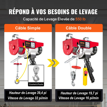 Electric Hoist, 249.5 kg Lifting Capacity, 510W 220V Electric Steel Wire Winch with 427 cm Wired Remote Control, 1219 cm Single Cable Lifting Height & Pure Copper Motor, for Garage Warehouse Factory