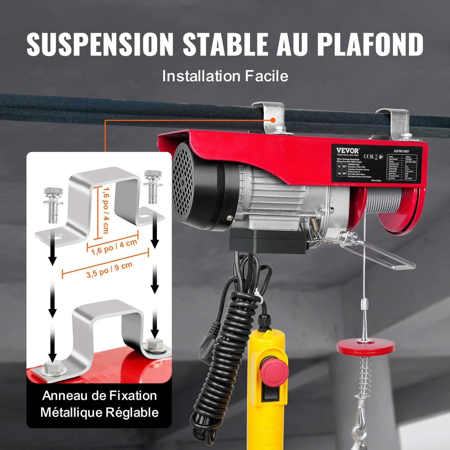 Electric Hoist, 249.5 kg Lifting Capacity, 510W 220V Electric Steel Wire Winch with 427 cm Wired Remote Control, 1219 cm Single Cable Lifting Height & Pure Copper Motor, for Garage Warehouse Factory