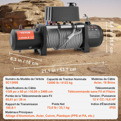 Elektrisk vinschtruck 6123,5 kg stålvajer IP65 vattentät fjärrkontroll