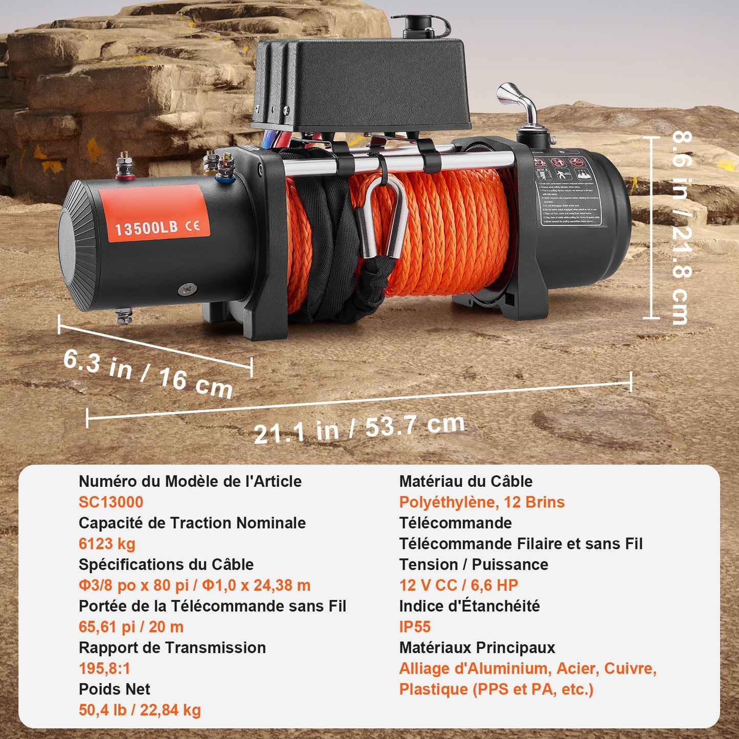 Electric Winch Truck 6123.5 kg Synthetic Rope Waterproof Remote Control