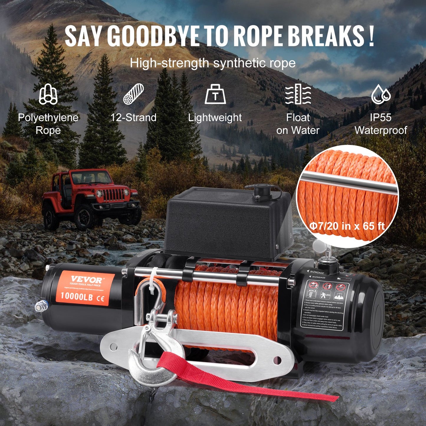 Electric Winch Truck 4535.9 kg Synthetic Rope Waterproof Remote Control