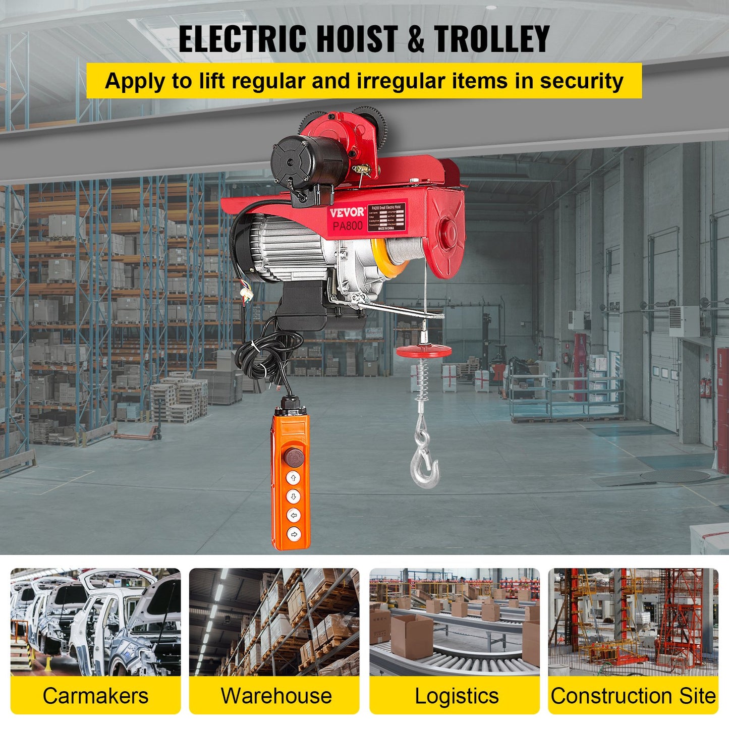800Kg/1700Lbs Electric Trolley Hoist 1300W Electric Hoist Winch Double 12M/40Ft , Electric Hoist Electric Forklift Steel Pallet Holder Lever Garage Hoist