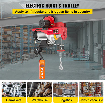 800Kg/1700Lbs Electric Trolley Hoist 1300W Electric Hoist Winch Double 12M/40Ft , Electric Hoist Electric Forklift Steel Pallet Holder Lever Garage Hoist