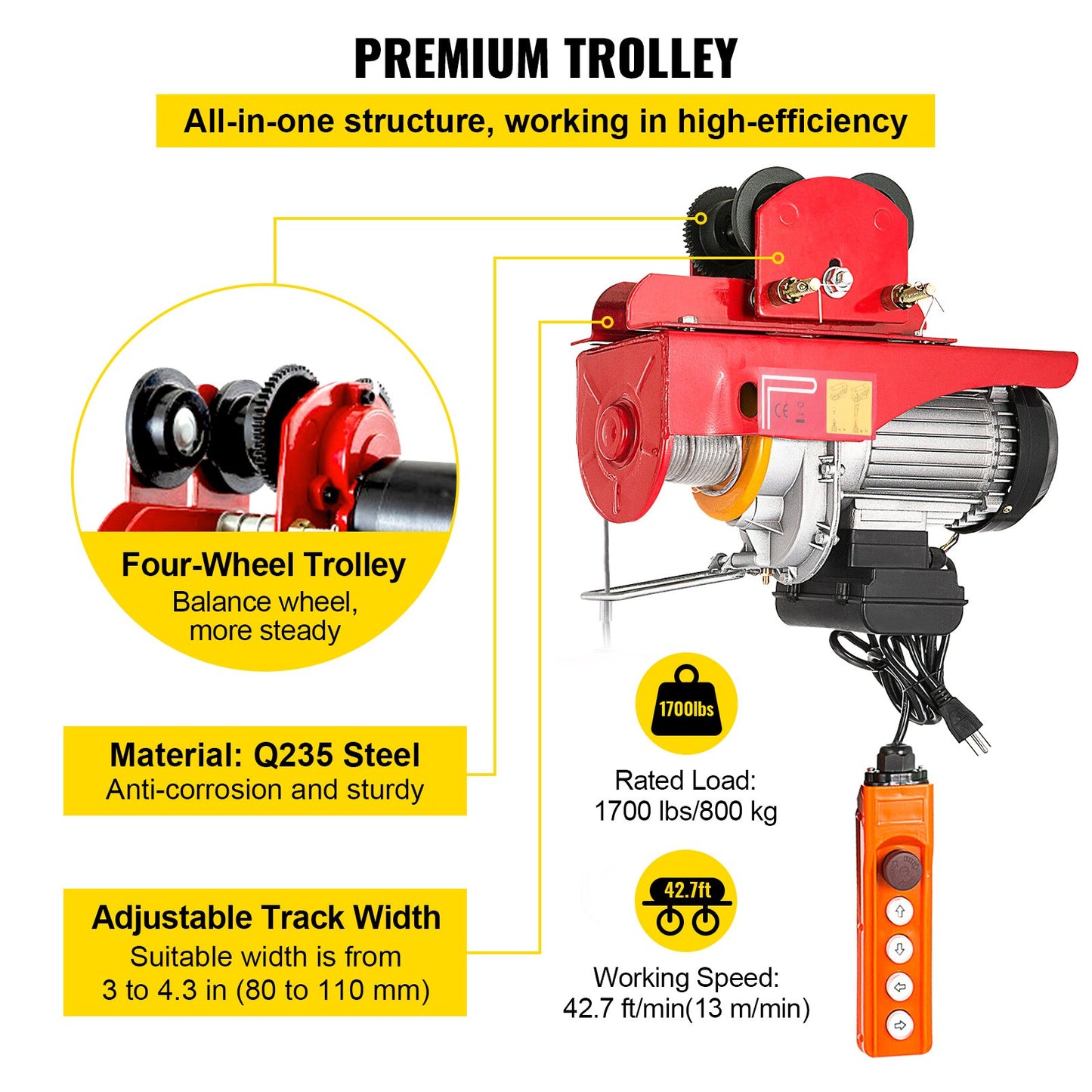 800Kg/1700Lbs Electric Trolley Hoist 1300W Electric Hoist Winch Double 12M/40Ft , Electric Hoist Electric Forklift Steel Pallet Holder Lever Garage Hoist
