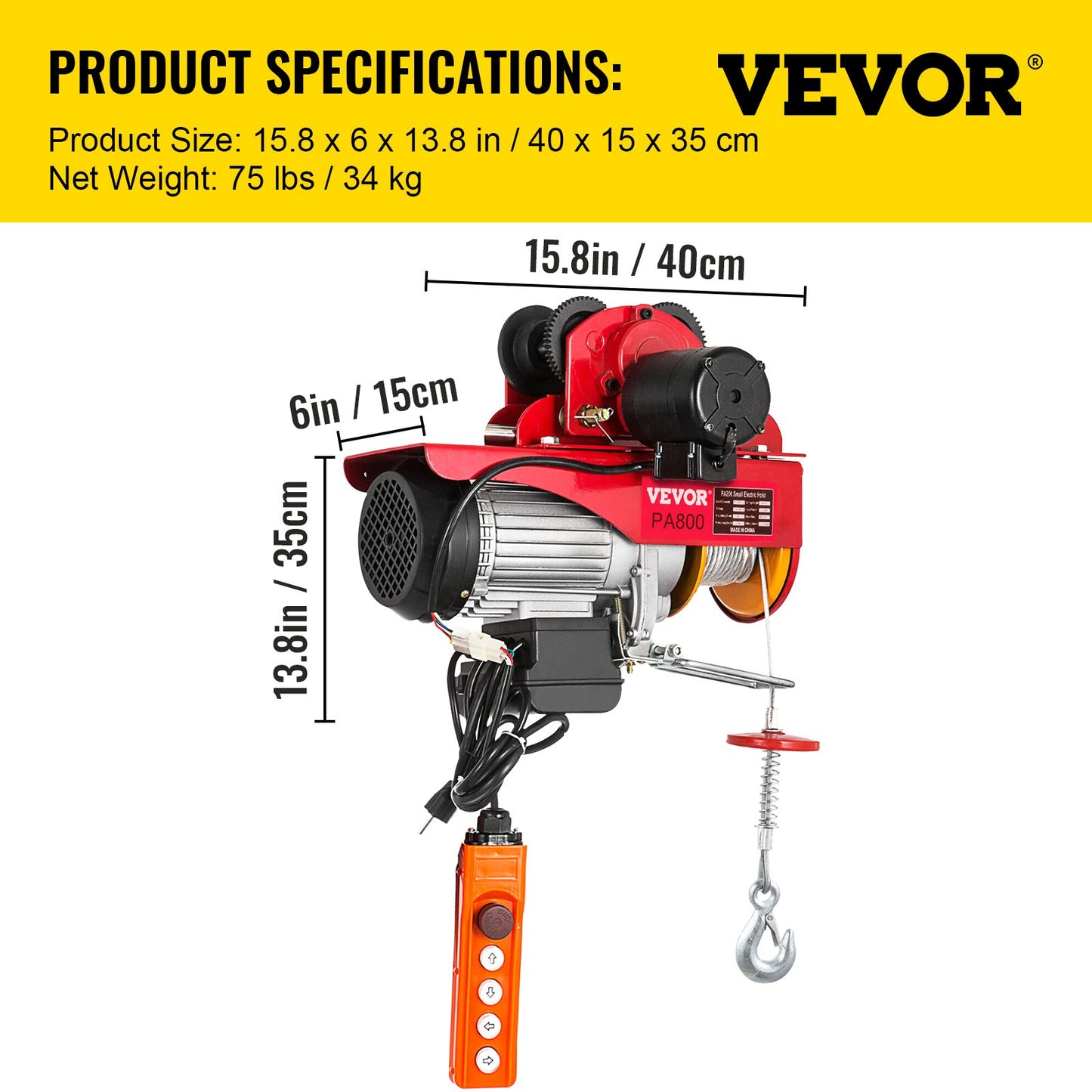 800Kg/1700Lbs Electric Trolley Hoist 1300W Electric Hoist Winch Double 12M/40Ft , Electric Hoist Electric Forklift Steel Pallet Holder Lever Garage Hoist