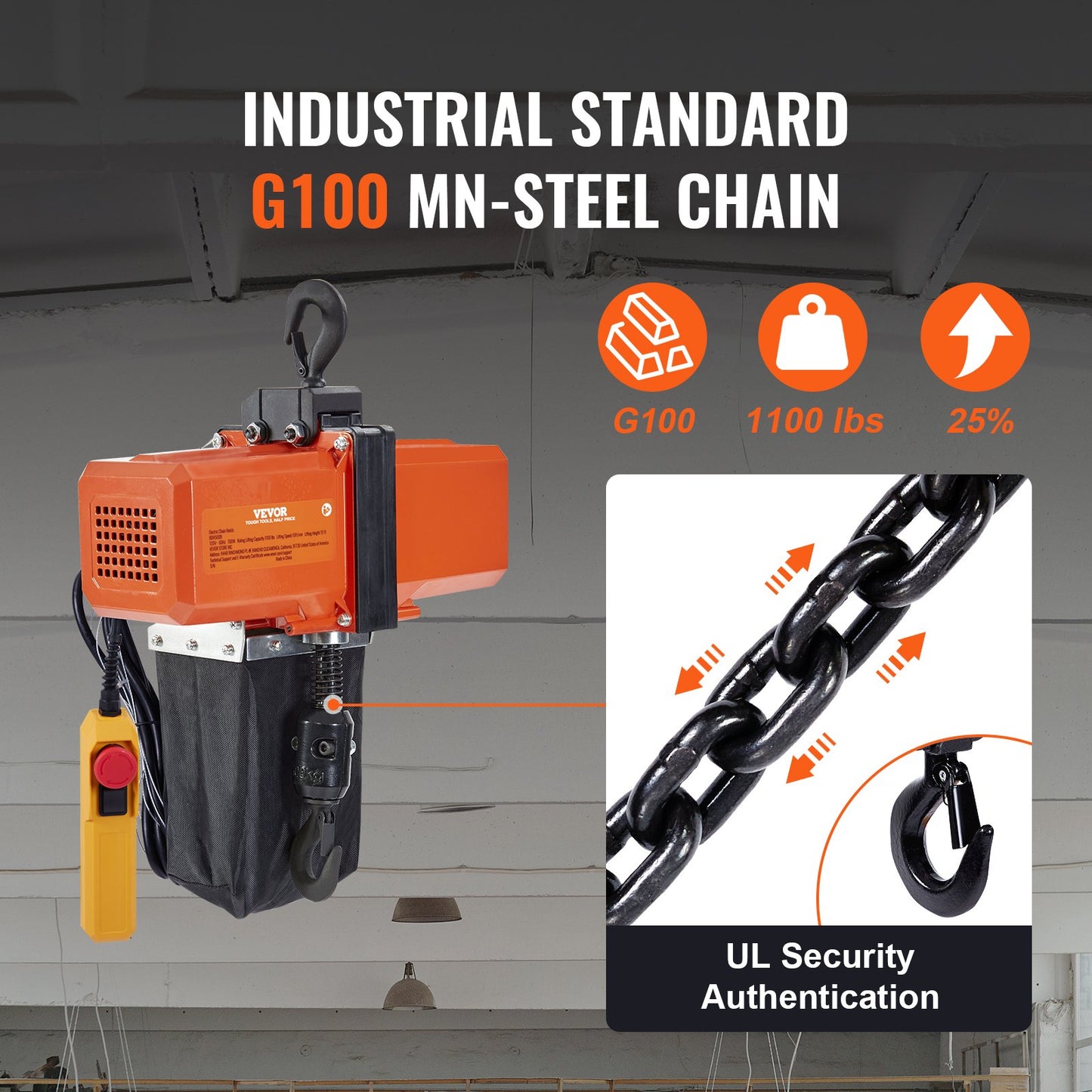 Electric Chain Hoist Single Phase Crane Hoist 499 kg Load 457.2 cm Lifting