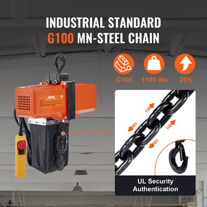 Electric Chain Hoist Single Phase Crane Hoist 499 kg Load 457.2 cm Lifting