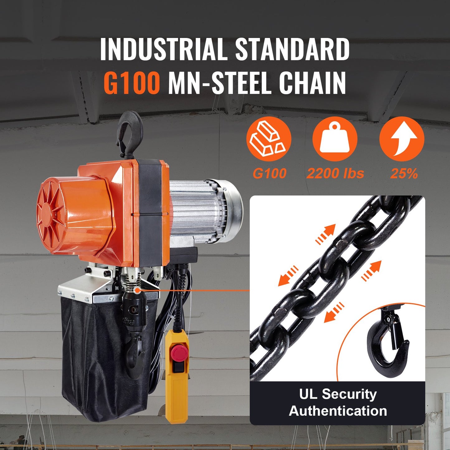 Electric Chain Hoist, 2200 lbs Load Capacity, 10 ft Lifting Height, 10.5 ft/min Speed, 230V, Single Phase Overhead Crane with G100 Chain, 10 ft Wired Remote Control for Garage, Shop, Hotel, Home