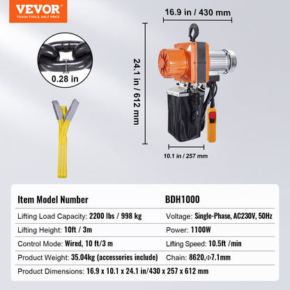 Electric Chain Hoist, 2200 lbs Load Capacity, 10 ft Lifting Height, 10.5 ft/min Speed, 230V, Single Phase Overhead Crane with G100 Chain, 10 ft Wired Remote Control for Garage, Shop, Hotel, Home