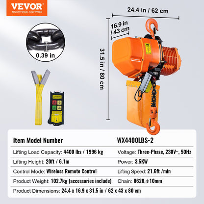 Electric Chain Hoist Three Phase Crane Hoist 1995.8 kg Load 609.6 cm Lifting