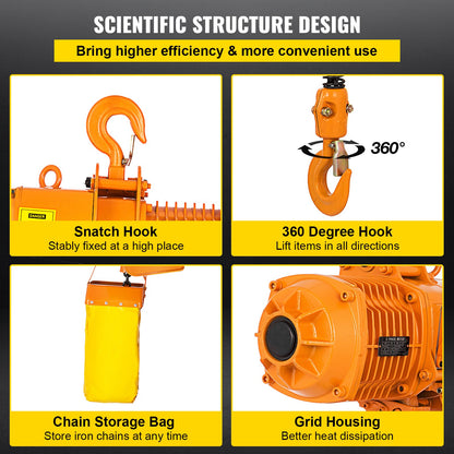 Elektrisk kättingtelfer, 900 kg lastkapacitet, 4,3 m lyfthöjd, 3,8 m/min hastighet, 230 V, enfas traverskran med G80-kedja, 3,8 m trådbunden fjärrkontroll för garage, butik, hotell, hem